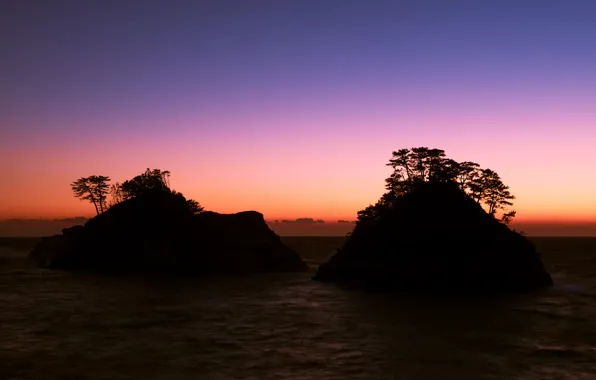 Картинка море, небо, деревья, закат, скалы, берег, вечер, Япония, горизонт, префектура Сидзуока
