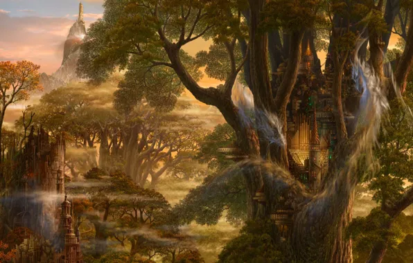 Картинка деревья, замок, фантастика, дракон, фэнтези, Арт, ucchiey, kazamasa uchio