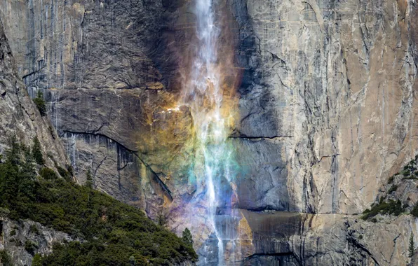 Картинка природа, скала, гора, водопад, радуга, Yosemite Valley