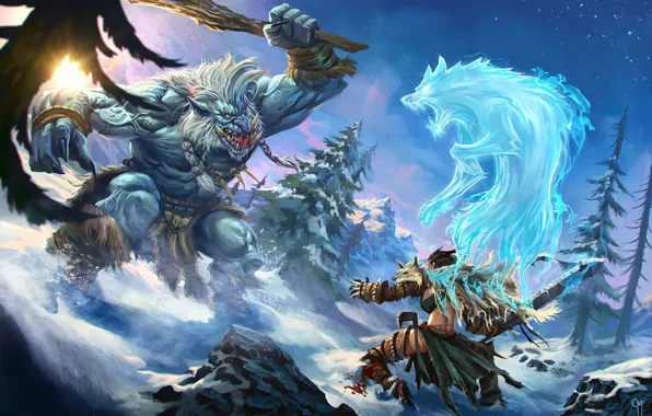Картинка снег, монстр, дух, воин, фэнтези, арт, битва