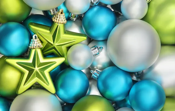 Картинка зима, звезды, шарики, шары, игрушки, Новый Год, голубые, зеленые, Рождество, декорации, белые, Christmas, праздники, New …