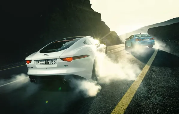Картинка Jaguar, BMW, Cars, Sports, Smoke, Rear, F-Type R, Drifting