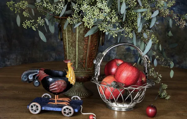 Картинка стол, корзина, яблоки, игрушка, ваза, натюрморт, петушок