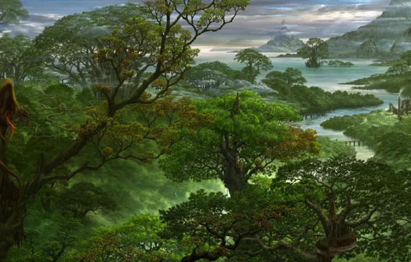 Картинка лес, деревья, горы, туман, река, дракон, арт, дымка, ucchiey, kazamasa uchio