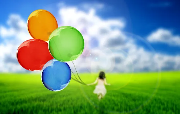 Картинка зелень, небо, трава, девушка, шарики, природа, воздушные шары, фон, обои, настроения, силуэт, wallpaper, широкоформатные, background, …