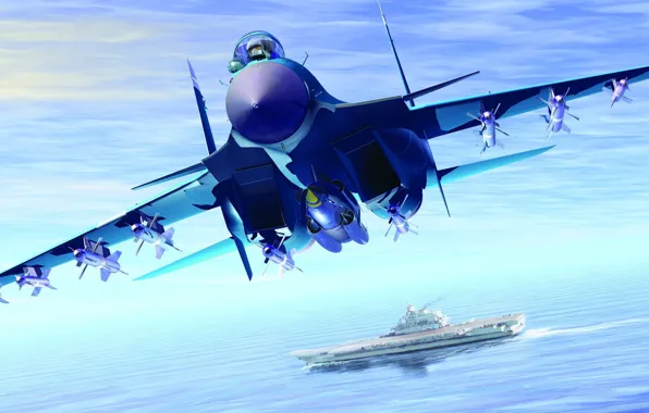 Картинка море, графика, ракеты, арт, авианосец, палубный истребитель, Су-33, кузнецов, ВМФ России, Flanker-D