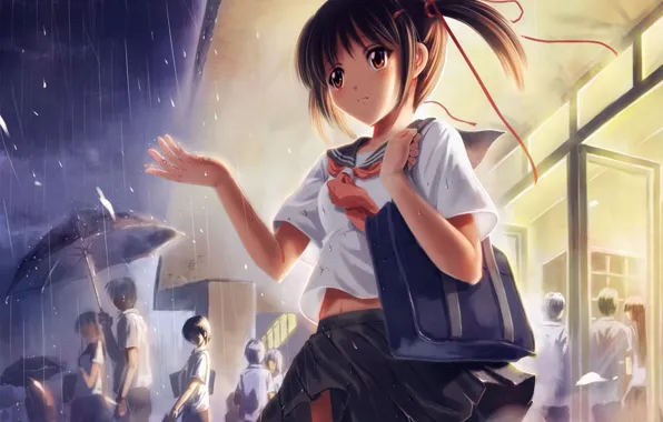 Картинка девушка, дождь, зонт, аниме, арт, форма, школа, школьники, kantarou 01