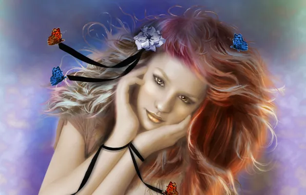 Картинка цветок, взгляд, девушка, бабочки, лицо, фон, волосы, руки, арт, живопись, ленточки