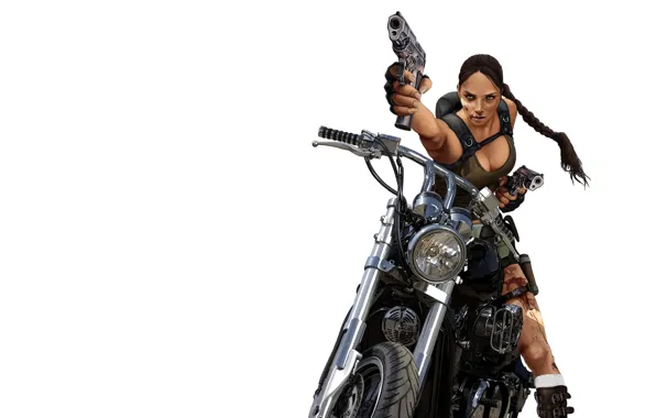 Картинка девушка, кровь, пистолеты, минимализм, мотоцикл, Tomb Raider, Lara Croft