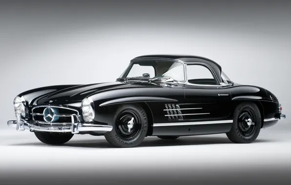 Картинка чёрный, Mercedes-Benz, классика, мерседес, передок, 1957, красивая машина, 300сл, 300SL