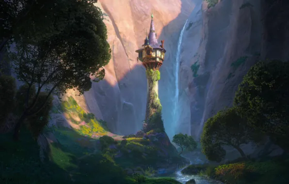 Картинка деревья, цветы, горы, замок, башня, долина, шпиль, Tangled, Запутанная история, Принцесса Рапунцель, Rapunzel