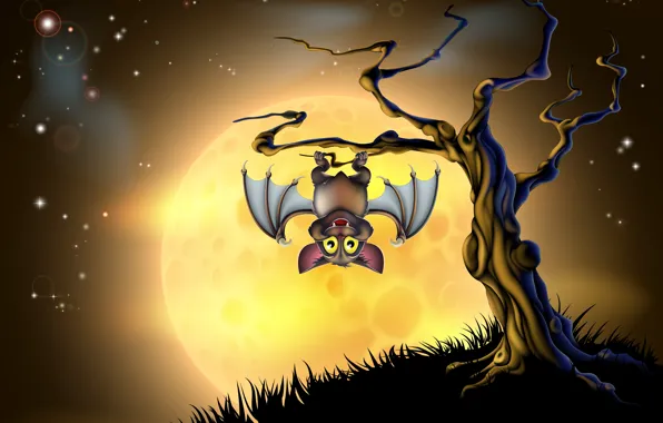 Картинка дерево, Хэллоуин, страшно, halloween, tree, bat, жуткий, creepy, full moon, полная луна, scary, летучих мышей