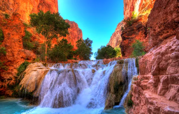 Картинка скалы, водопад, hdr, каньон, США, кусты, Arizona, Grand Canyon National Park, Beaver Falls