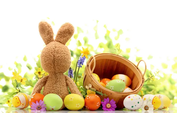 Картинка трава, цветы, яйца, весна, кролик, пасха, grass, flowers, нарциссы, spring, eggs, easter, bunny, daffodils