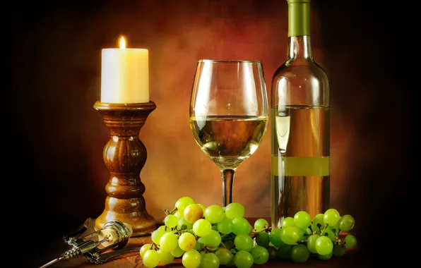 Картинка вино, белое, бокал, бутылка, свеча, виноград, штопор