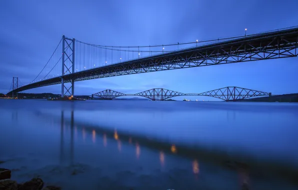 Картинка небо, мост, река, вечер, Шотландия, Великобритания, синее, river, Scotland, Great Britain, Forth Bridge, Форт-Бридж