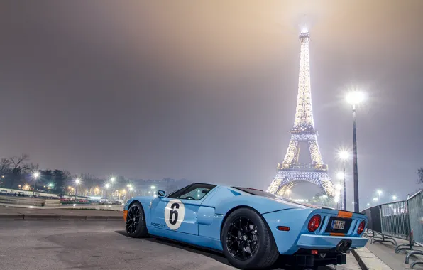 Картинка голубой, Париж, Ford, фонари, light, Эйфелева башня, Paris, форд, blue, night, gt40, eiffel tower
