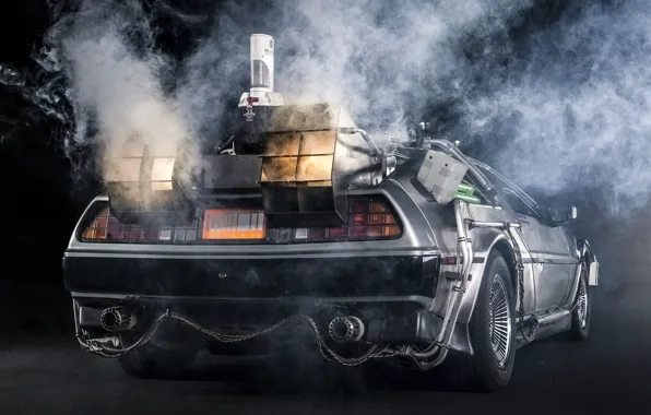 Картинка фон, дым, Назад в будущее, ДеЛориан, вид сзади, DeLorean, DMC-12, выхлоп, Back to the Future, …