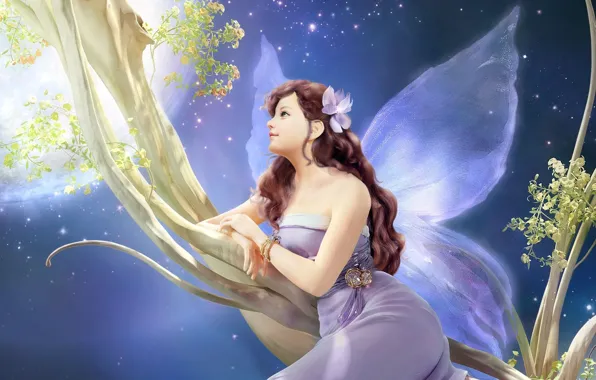 Картинка цветок, девушка, украшения, ночь, дерево, луна, крылья, ветка, фея, арт, Hyung Jun Kim, K.jun &amp; …
