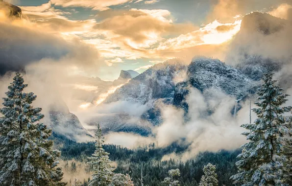 Картинка лес, горы, водопад, долина, Калифорния, дымка, California, Национальный парк Йосемити, национальный парк, Yosemite National Park, …