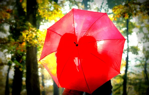Картинка листья, девушка, солнце, деревья, любовь, красный, природа, зонтик, фон, обои, романтика, настроения, листва, женщина, чувства, …
