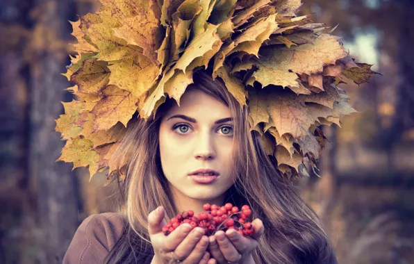 Картинка осень, листья, ягоды, портрет, рябина