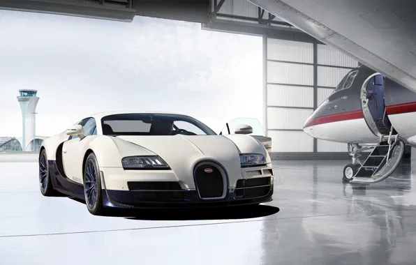 Картинка самолет, гараж, Bugatti, ангар, Veyron, бугатти, Super Sport, garage, plane, hangar, вейрон, супер спорт