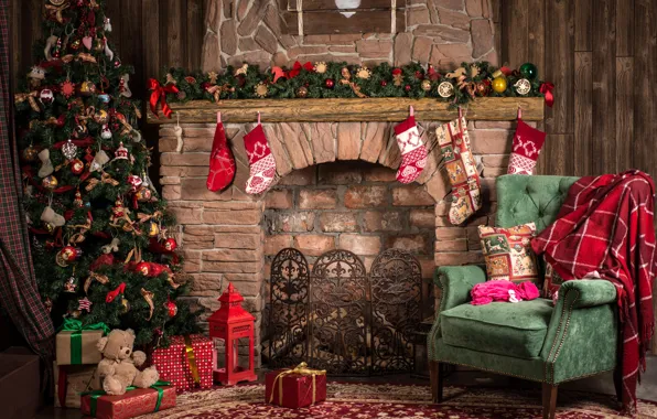 Картинка игрушки, елка, кресло, Рождество, подарки, Новый год, ёлка, камин, гирлянда