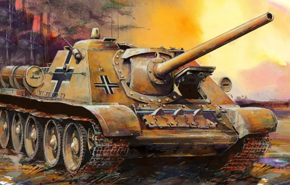 Картинка рисунок, САУ, истребитель танков, советская самоходно-артиллерийская установка, СУ-85, захваченная броня