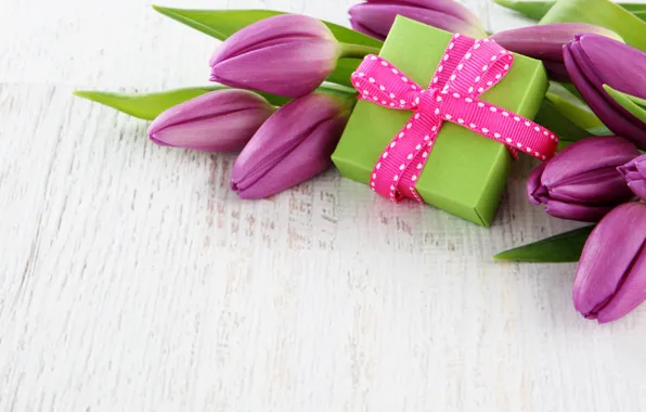 Картинка цветы, коробка, подарок, букет, лента, тюльпаны, fresh, flowers, tulips