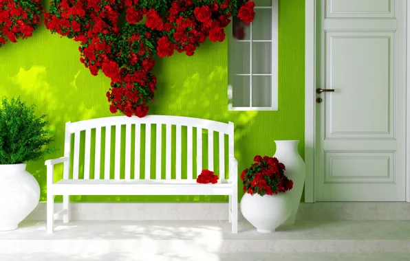Картинка цветы, дверь, окно, лавочка, вазы, красные розы