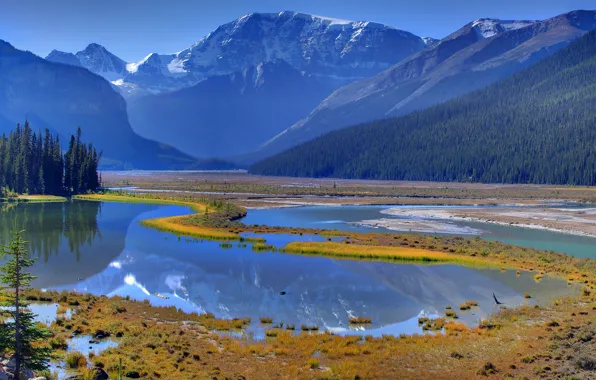 Картинка лес, небо, деревья, горы, озеро, отражение, река, весна, канада, canada, alberta, banff national park