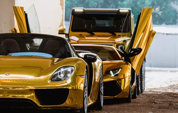 Картинка Golden, Lamborghini Aventador, Porsche 918, Mercedes 6x6