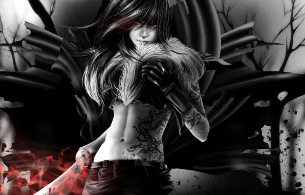 Картинка девушка, узор, меч, пирсинг, тату, арт, перчатки, вампир, черно-белое, мех, татуировки, vampire