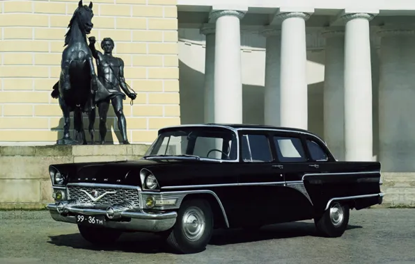 Картинка фон, чёрный, Чайка, колонны, седан, классика, передок, ГАЗ, 1959, GAZ, старуя, Chayka