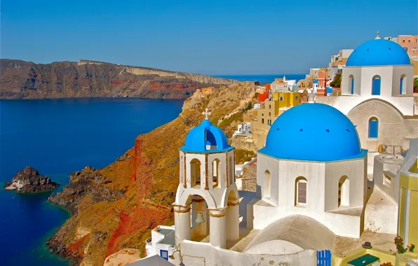 Картинка скалы, побережье, Санторини, Греция, церковь, Santorini, Oia, Greece, Эгейское море