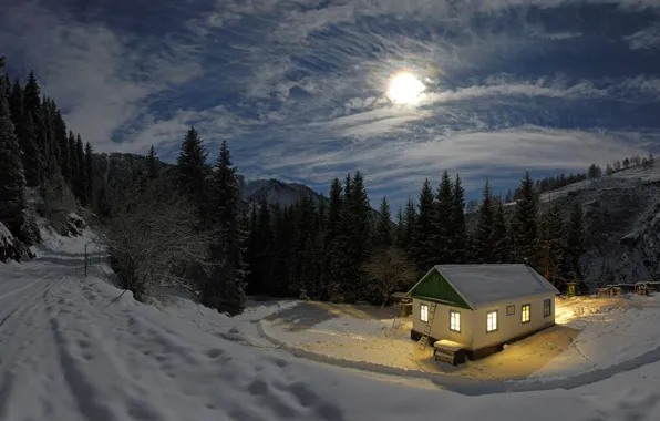 Картинка зима, лес, свет, снег, ночь, луна, домик