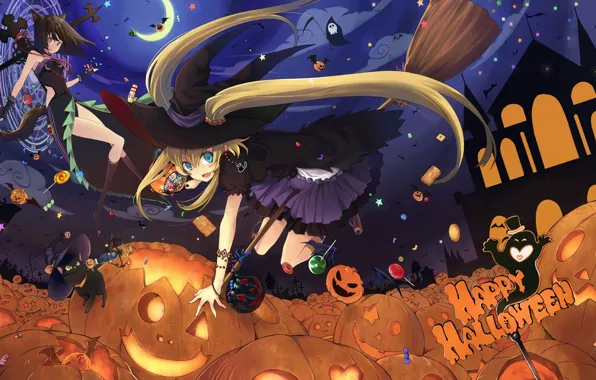 Картинка девушки, аниме, конфеты, тыквы, halloween, шляпы, ведьмы, метлы