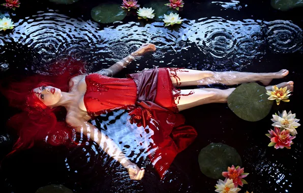 Картинка вода, девушка, красный, фон, волосы, платье, красиво, лежит, кувшинки, Stefan Grosjean