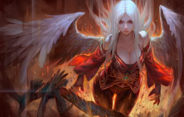 Картинка девушка, фантастика, огонь, крылья, ангел, красные глаза, белые волосы, art, Fallen Angel, Krenz