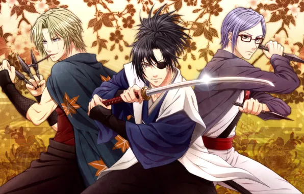 Картинка листья, оружие, меч, парни, кинжалы, Gintama, Yagyuu Kyuubei, Sarutobi Ayame, Tsukuyo