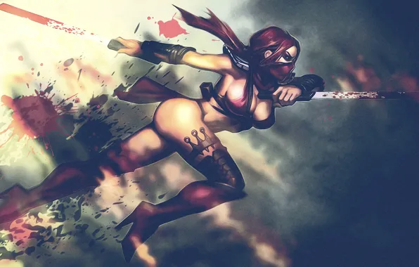 Картинка девушка, кровь, воин, маска, ножки, мечи, убийца, Mortal Kombat