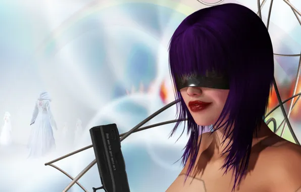 Картинка девушка, пистолет, оружие, провода, очки, андроид, фиолетовые волосы