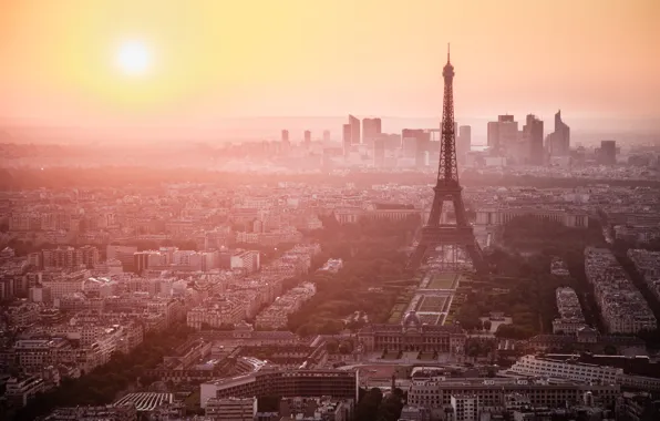 Картинка город, туман, рассвет, эйфелева башня, вид, париж, утро, франция, paris, france