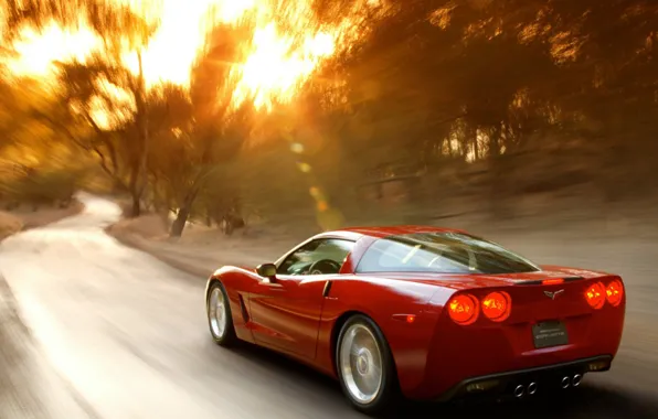 Картинка дорога, солнце, Corvette, Chevrolet