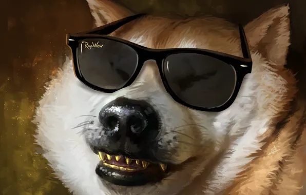 Картинка морда, собака, зубы, шерсть, нос, арт, очки, пес