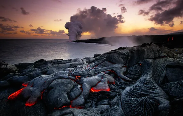 Картинка море, пейзаж, дым, Гавайи, пар, лава, США, Гавайский вулканический национальный парк