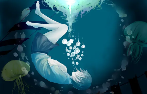 Картинка девушка, пузыри, аниме, арт, медузы, под водой, sachi, cmas125