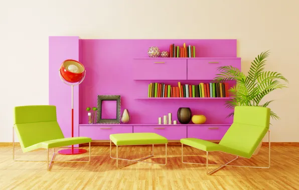 Картинка цвета, дизайн, стиль, комната, яркие, книги, лампа, кресло, столик, полки, шкафчик