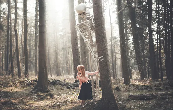 Картинка лес, девушка, череп, скелет, Victoria Cadisch